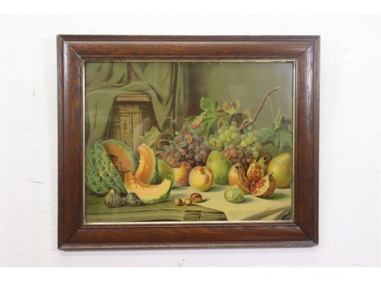 Vintage Italian Still Life With Fruits & Nuts, Reproduction Art Print, Signed G. Malchetti