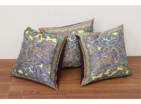 Trio Of Psychedelic, Plump, Paisley Print Silk Pillows - Of The Throw Type