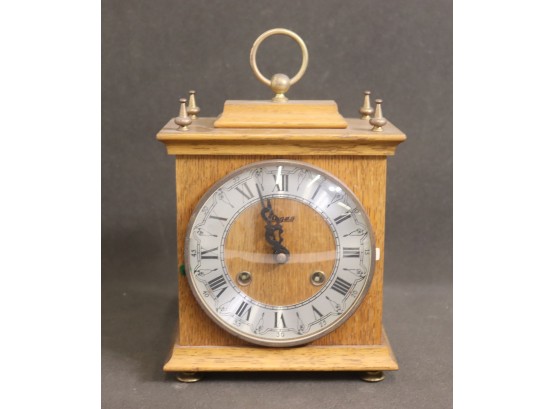 Vintage Wood Case And Glass Bezel Mantel Clock - Roman Numerals & Brass Finials