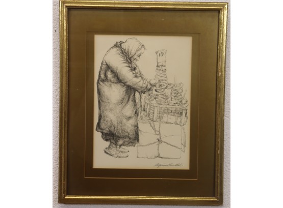 'Pretzel Lady' By Seymour Rosenthal - Signed, (reproduction) Print From Black/white Pen & Ink