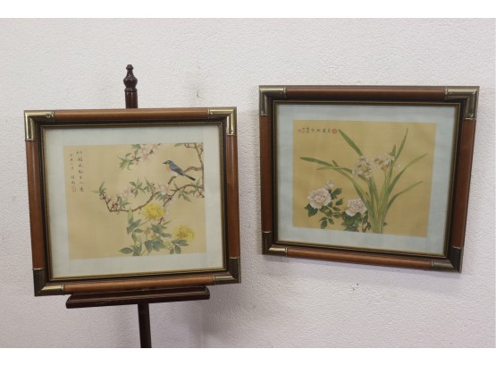 Delightful Vintage Duo - Two Japanese Woodblock Prints - Specialty Mat & Mahogany/Brass Frame