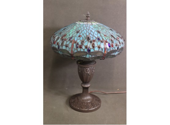 Marvelous Tiffany-style Leaded, Stained Glass Two Socket Lamp - Umbrella Shade Over Trophy Base
