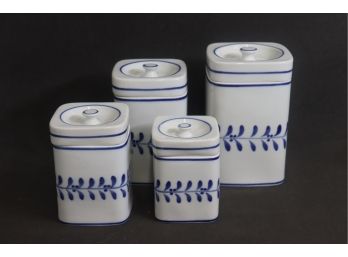 Set Of Four Hand Painted Viana Do Castelo Faience Graduated Cannisters - Blue & White Floral/Leaf
