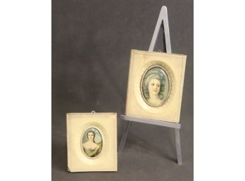 Two Classic Victorian Style Miniature Portraits On Porcelain - Oval Inset On Square Frame