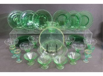 Sweet Substantial Array Of Vintage Green Glass - Vaseline, Uranium, And Others - Plates, Glasses