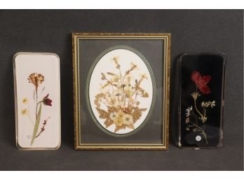 Vintage Pressed Flower Art - 1 Framed Oval Piece (London Flea Mkt.)  2 'flowers/Israel' Hanging Trays