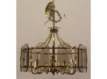 Stylish MCM Chandelier With Beveled Glass, Scrolled Brass, 10 Bulb Arms