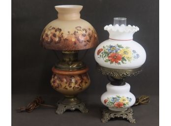 Vintage Pair Of Elegant Floral Decorated (Converted/Electrified) Oil Lamps