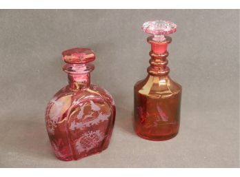 Pair Of Vintage Bohemian Glass Scent Vessels With Stoppers - Cranberry Cut To Clear