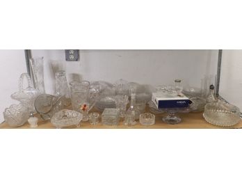 Big, Giant Shelf Lot Of Varied Glass And Crystal - Vases, Bowls, Candlesticks, Tabletop Etc.