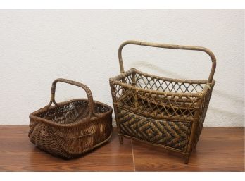 Two Woven Cane Farmhouse Baskets - Footed Floor Basket And Flat-Bottom Carry Basket