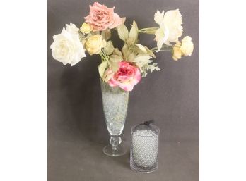 Artistic Faux-Floral Bouquet With Clear Glass Beads And Two Glass Display Vessels