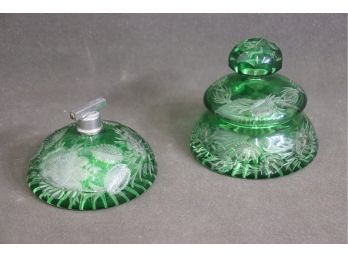 Lovely Pair Of Green Cut Glass Scent And Powder Vanity Jars