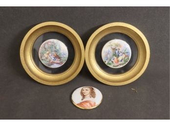 Two Framed Watteau-inspired Porcelain Round Tiles And One Unframed Portrait Porcelain Disc
