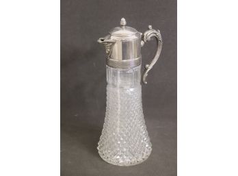 Art Nouveau Style Diamond Point Cut Glass Pitcher With Hinged Lid And C-Scroll Handle
