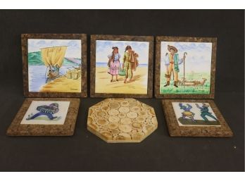 Six Decorated Trivets - 5 Portuguese Tile On Cork & 1 Crosscut Wood Branch Collage