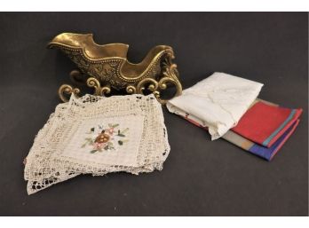 Group Of Vintage Linens - Placemats, Scarves, Table Toppers - With Sleigh Decorative Centerpiece