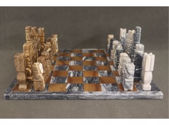Carved Stone Aztec Chess Set - Marble And Agate Board With Hand Carved Onyx Chess Pieces