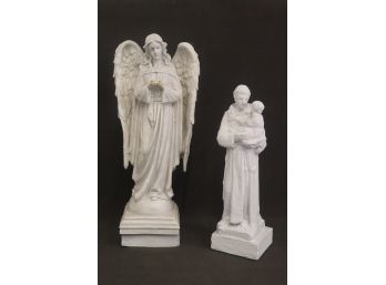 Two Plaster Biblical Statuettes - Wings Up Guardian Angel & Robed Cleric Holding Child