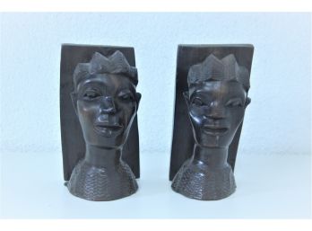 Vintage Pair Of Bookends - West African Folk Art Carved Ironwood Or Ebony - Tribal Busts ROSEWOOD