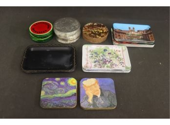 Artful & Fun Group Of Coasters And Small Trays - Tole, Van Gogh, Watermelons, And More