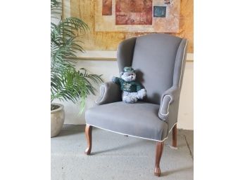 Plush Ample Wing Back Arm Chair - English Grey With Hot White Piping