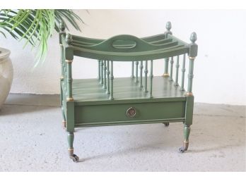 Vintage C. Mantel Co. Rolling Magazine Rack With Lower Drawer - Painted Chartreuse & Gold Accents