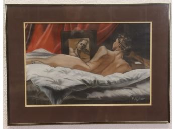 Sumptuous Reclining Female Nude With Mirror - Print Reproduction, Signed And Dated