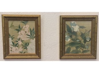 Lovely Pair Of Framed Botanical Prints - Green And White With Gilt Style Ornate Frames