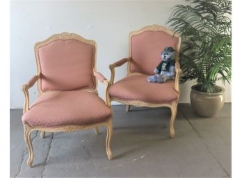 Gorgeous Pair Of Louis XV Style Chairs With Provincial Finish And Pale Rose Jacquard