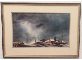 Framed Watercolor - Lonesome Walk Towards Storm - Signed