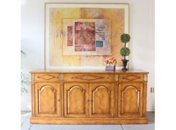 Stately Art Nouveau Mahogany Credenza With Grooved Glass Block Ornament