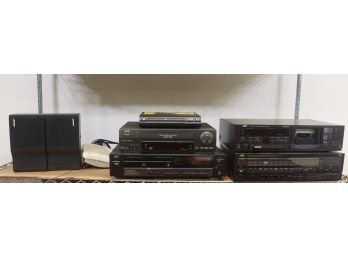 Shelf Lot Of Pre-Owned Stereo Equipment - Bose Speakers, JVC Tape Deck, Receiver/Equalizer, & More