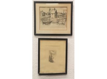 Two Framed Prints - Etching Of Rockport And Pen & Ink Mark Twain Fishing - Both Signed