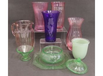 Solid Group Of Collectible Glass: Depression, Tinted-Colored,  Vaseline - Vases, Pitcher And More