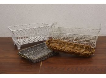 A Sweet Lot Of White Wire Planters And Woven Baskets - Four In Total