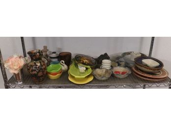 Shelf Lot Of Colorful Table Ware Kitschy Ware, Kitchen Ware, Vases And More