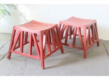 Pair Of Red Wood Saddle Stools With Eiffel Truss Frame
