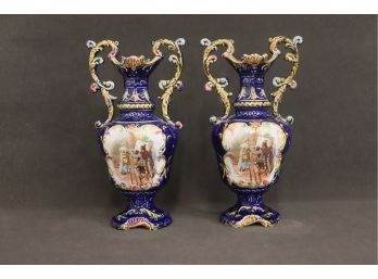 Exquisite Pair Of Faience Trophy Marriage/Altar Vases - Probably French