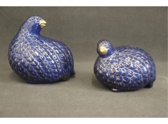 Pair Of Cobalt Blue And Gold Nestled Partridge Ceramic Figurines