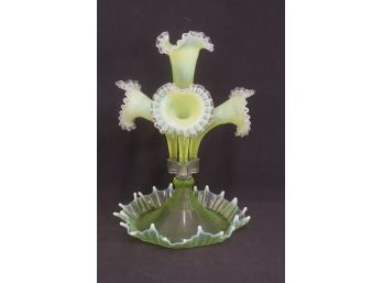 LG Wright-Fenton Style Epergne Vaseline Glass Centerpiece - Four Opalescent Flower Forms & Splash Base