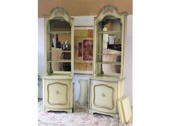 Two French Provincial  Wall Units - Mirror Backed Hutch Over Low Cabinet -  Mirrored Sides