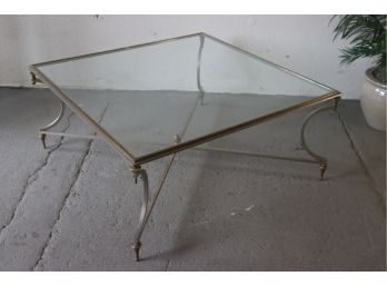 Stunning Arrangement Of Brass, Glass, And Steel - Wow! It's A Low Table With X Stretcher And Crescent Legs