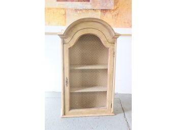 Vintage Style Wall Curio Cabinet - Arched Crown Molding And Wire Mesh Single Wide Door