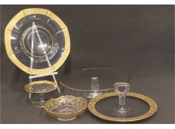Sophisticated Glass Lot Of Gold Trimmed Vintage And Contemporary Glass Tableware
