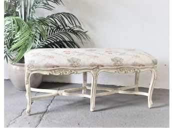 Lovely French Provincial Style Paint Decorated Bench - Quaint Upholstery And Double X Trestle