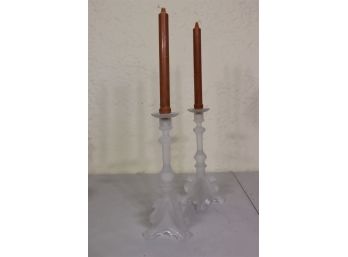 Pair Of Smoke Glass Candle Holder With Birds On The Base