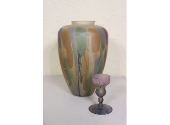 Art Nouveau Style Color Painted Frosted Glass Vase And Chalice