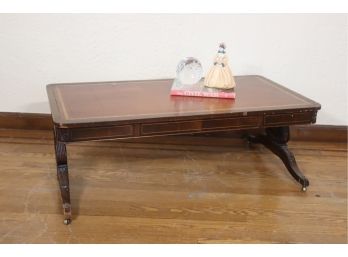 Mahogany Leather Top Cocktail Table. Ware Consistent With Use