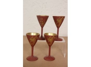 Set Of 4 Red/Gold Frosted Glass Chalices Featuring 'Greater Birds Of Paradise' Decoration